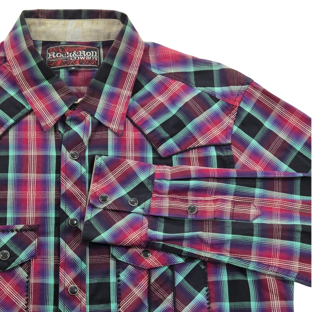 Rock & Roll‎ Cowboy Vibrant Plaid Western Shirt Snap Button LS Button Up Mens M